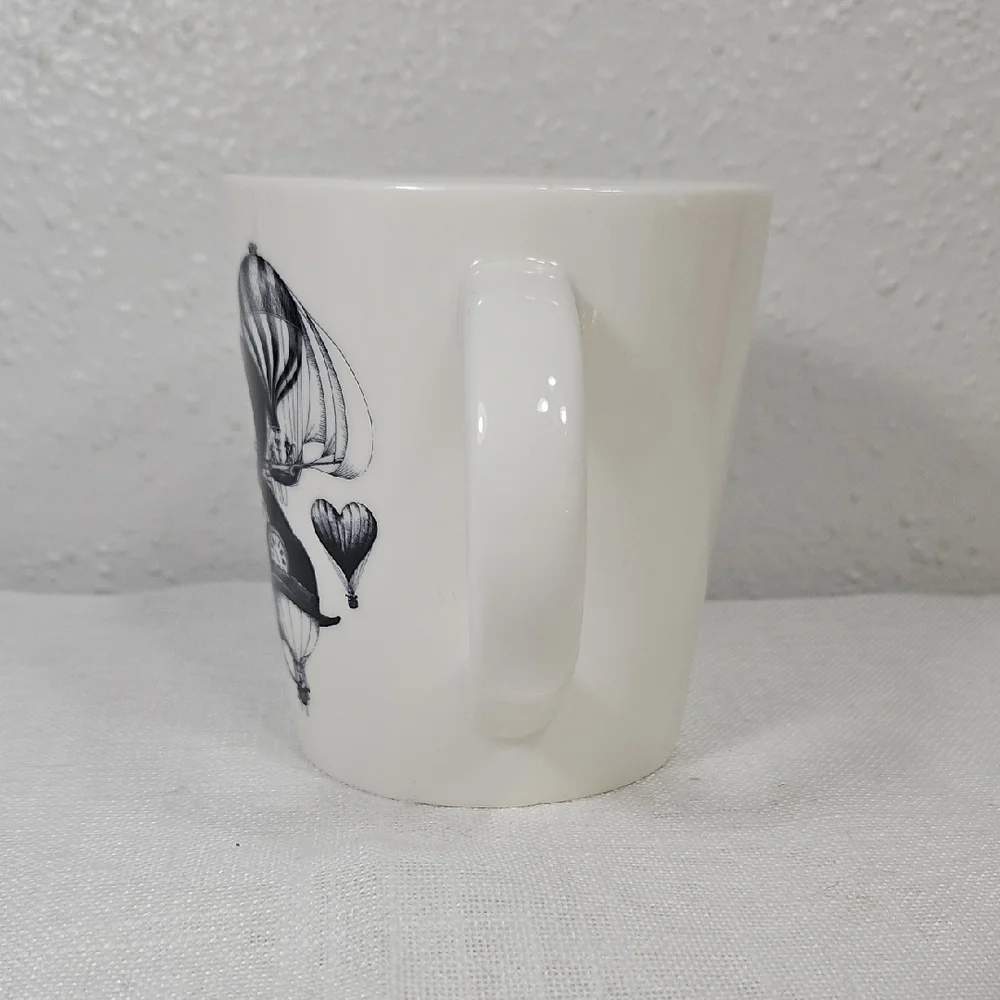 Williams Sonoma White Clockpunk Ceramic Mug with Black Buoyant Balloons